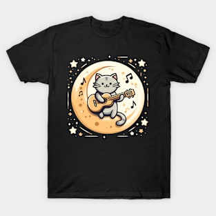 Cute Cat Guitarist with Moon Background - Cool Illustration T-Shirt